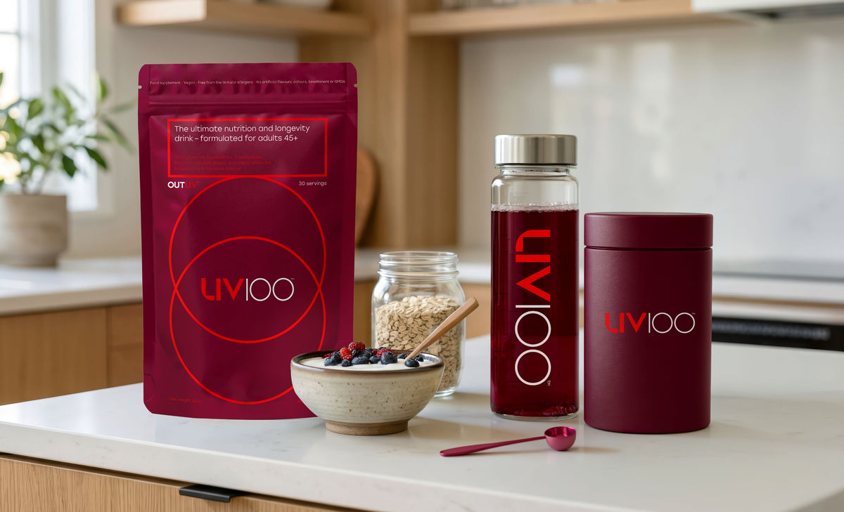 Liv100 pouch, bottle and tin on a kitchen worktop